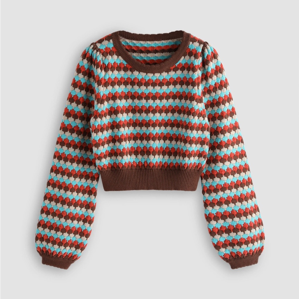 Cider Brown and Red Crew Neck Sweater with Geometric Pattern